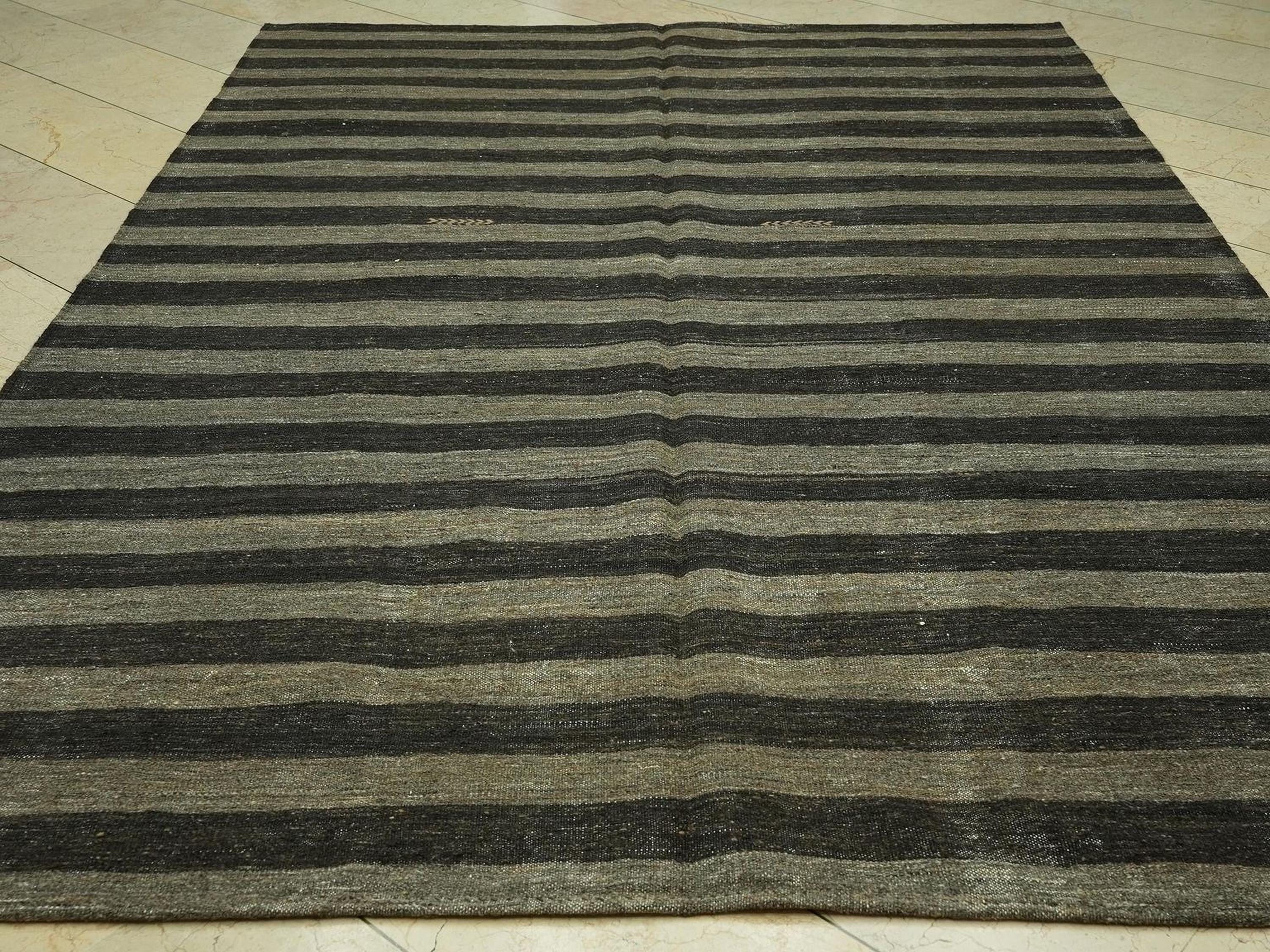 7x10 Dark Brown & Gray Striped Natural Goat Hair Kilim Rug,Mid Century Modern Rugs.