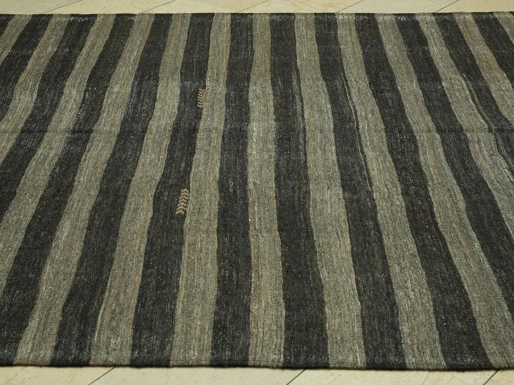 7x10 Dark Brown & Gray Striped Natural Goat Hair Kilim Rug,Mid Century Modern Rugs.
