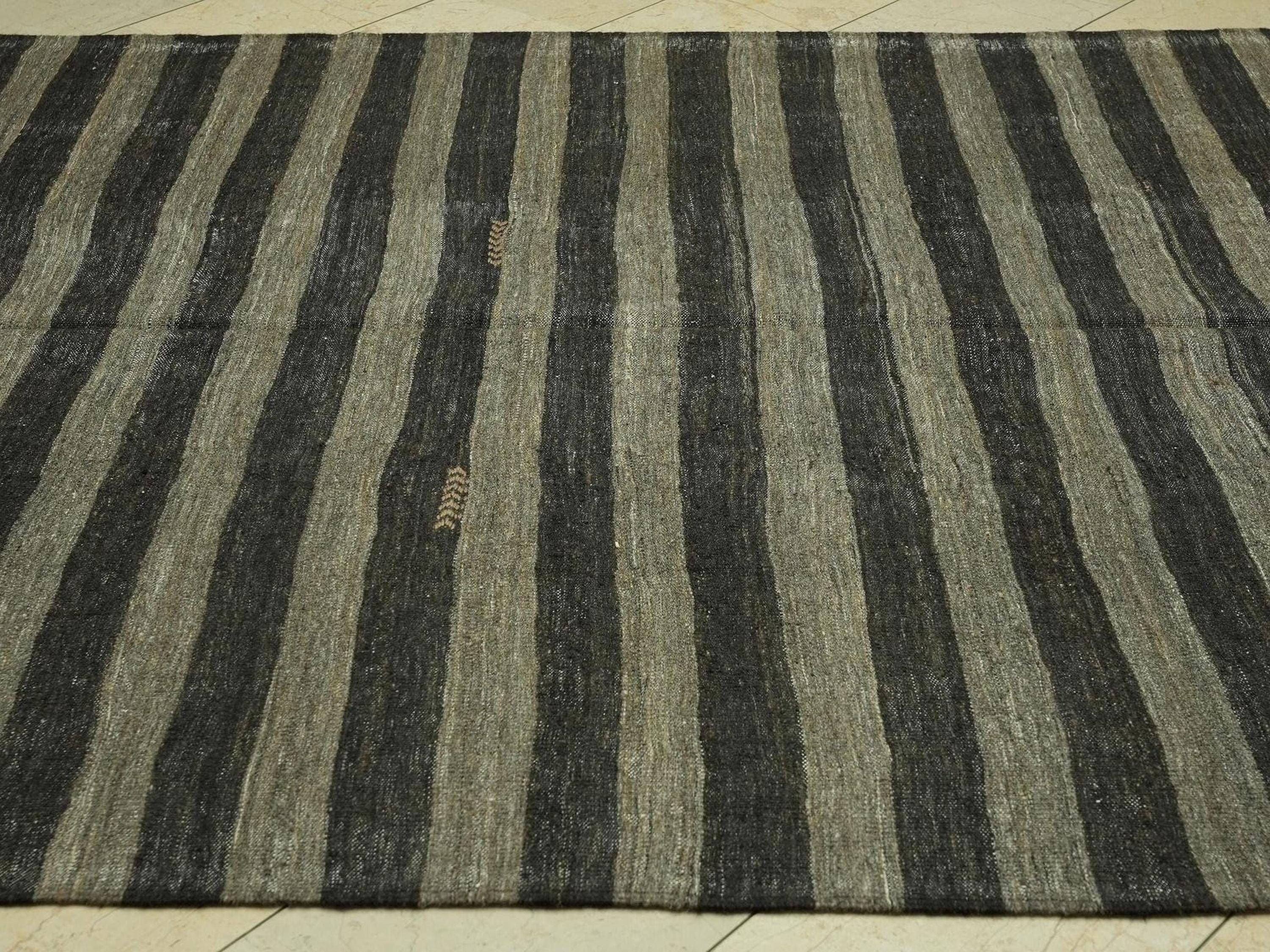 7x10 Dark Brown & Gray Striped Natural Goat Hair Kilim Rug,Mid Century Modern Rugs.