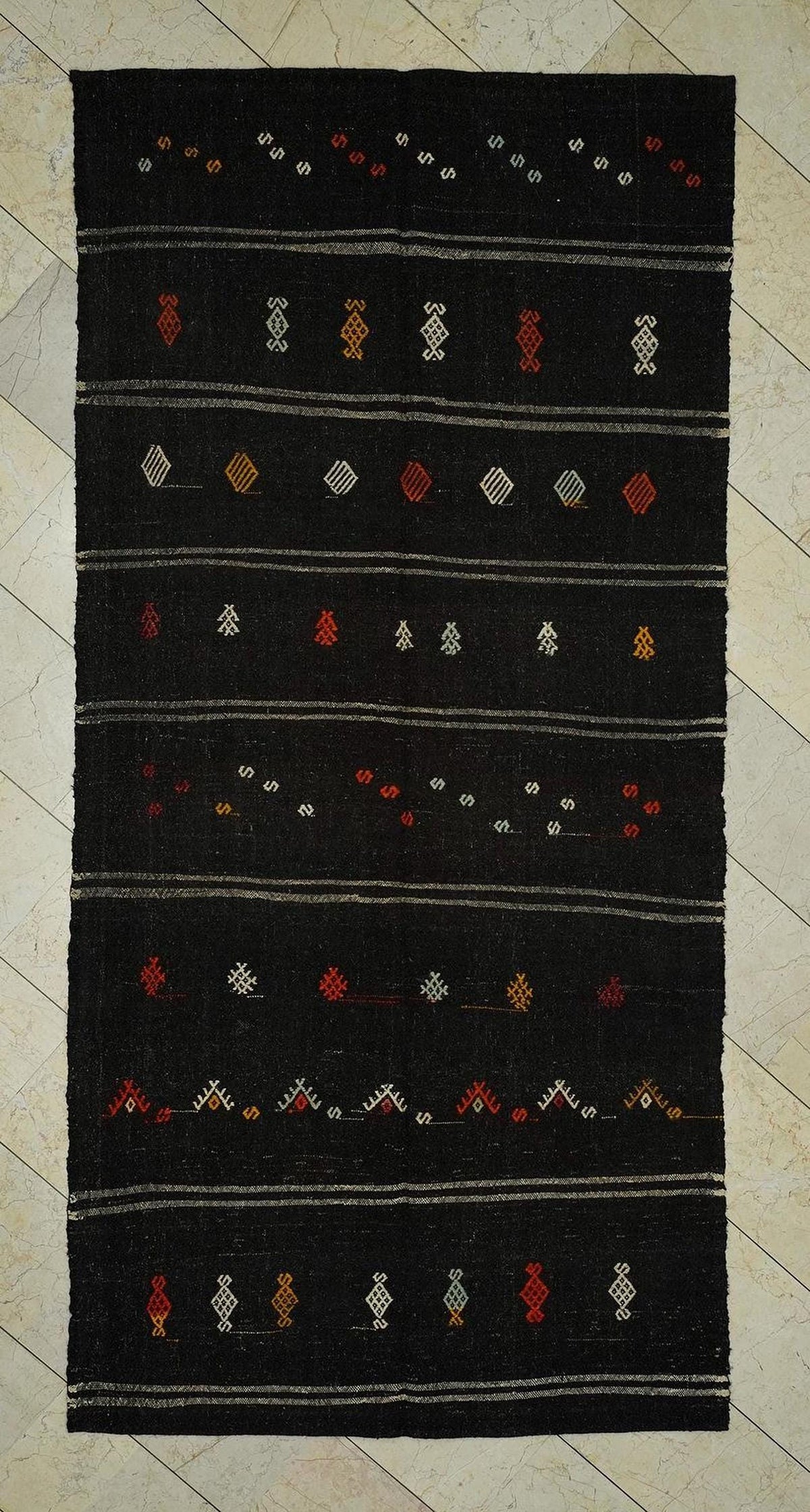 Vintage Goat Hair Kilim Rug: 4.7x9.8 ft Gray Stripe, Minimalist Decor