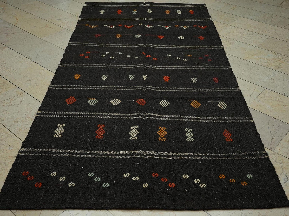 Vintage Goat Hair Kilim Rug: 4.7x9.8 ft Gray Stripe, Minimalist Decor