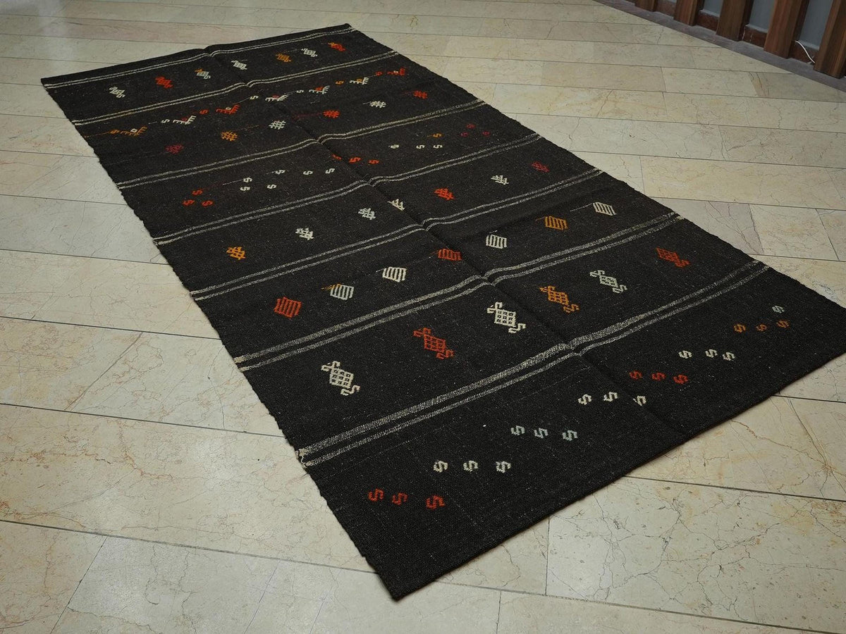 Vintage Goat Hair Kilim Rug: 4.7x9.8 ft Gray Stripe, Minimalist Decor