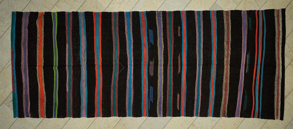 Mid Century Modern Brown Goat Hair Kilim Rug 5.2x13.9 Ft.
