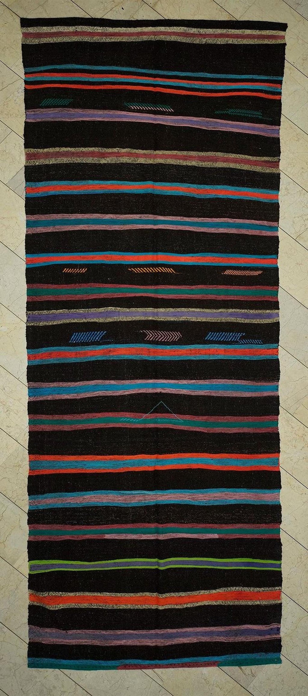 Mid Century Modern Brown Goat Hair Kilim Rug 5.2x13.9 Ft.
