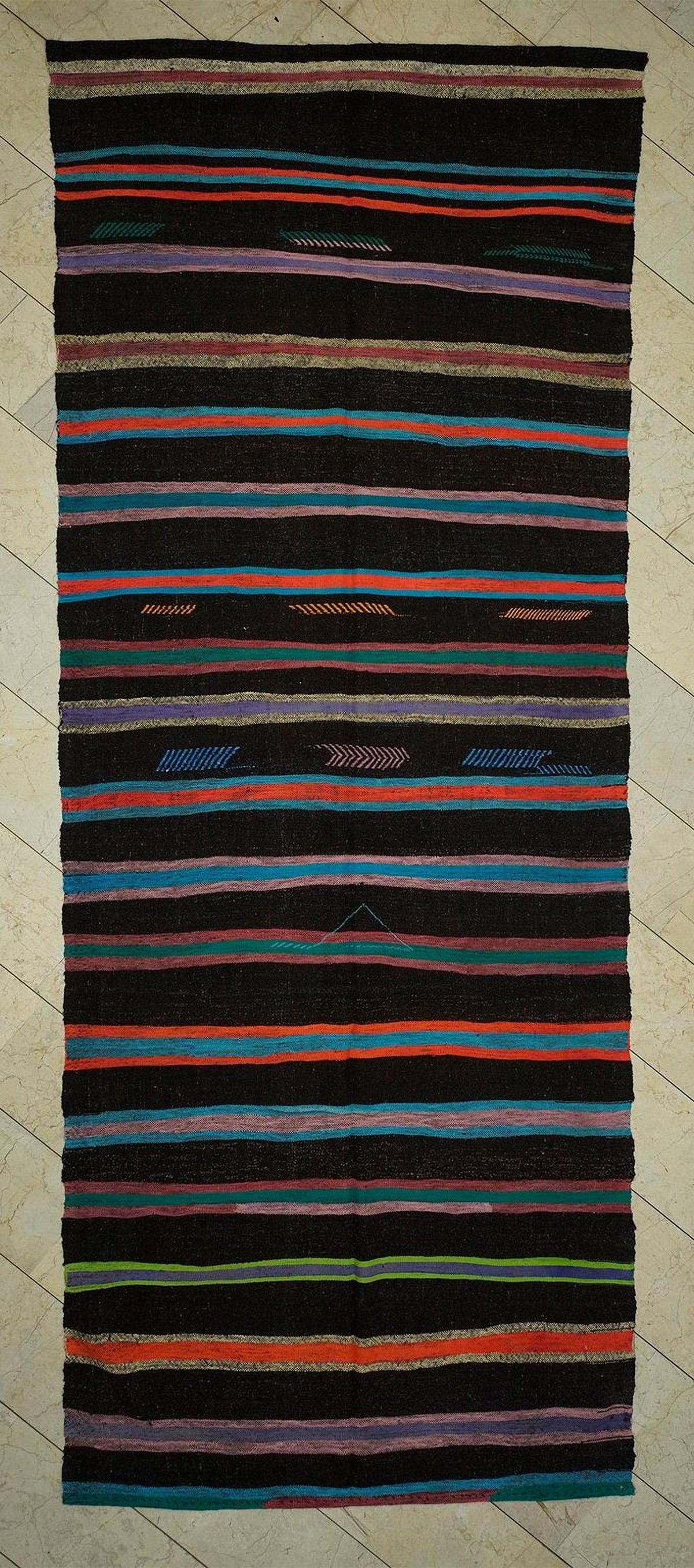 Mid Century Modern Brown Goat Hair Kilim Rug 5.2x13.9 Ft.