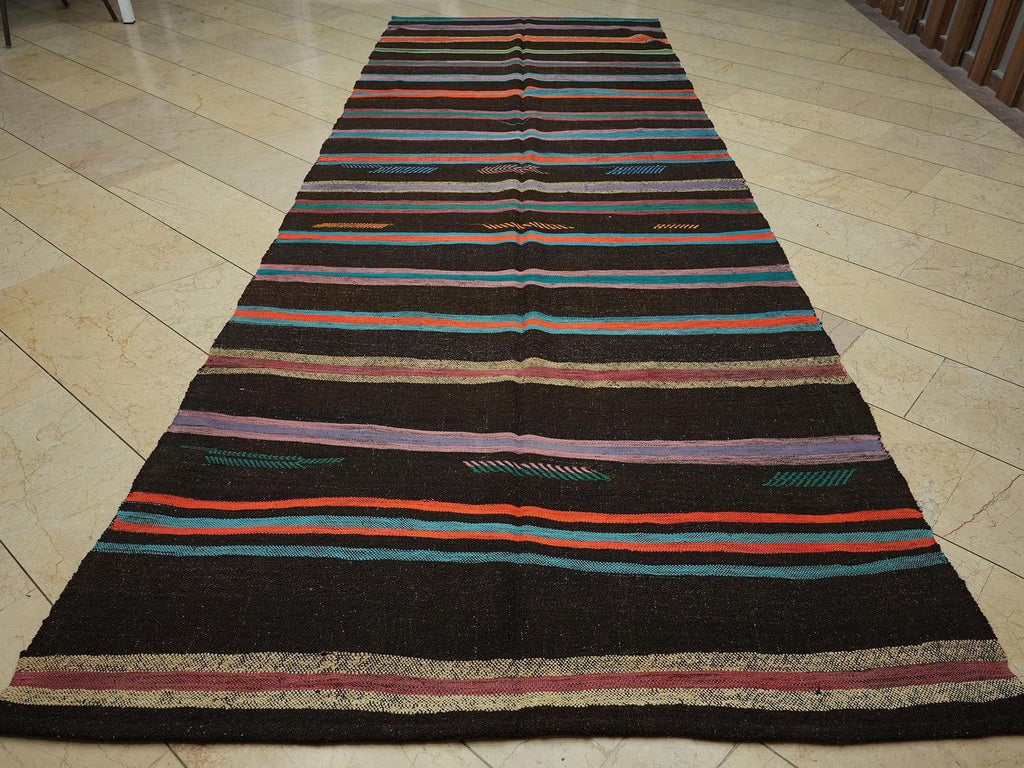 Mid Century Modern Brown Goat Hair Kilim Rug 5.2x13.9 Ft.