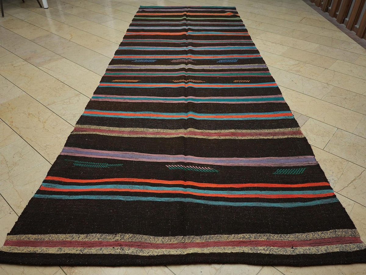 Mid Century Modern Brown Goat Hair Kilim Rug 5.2x13.9 Ft.