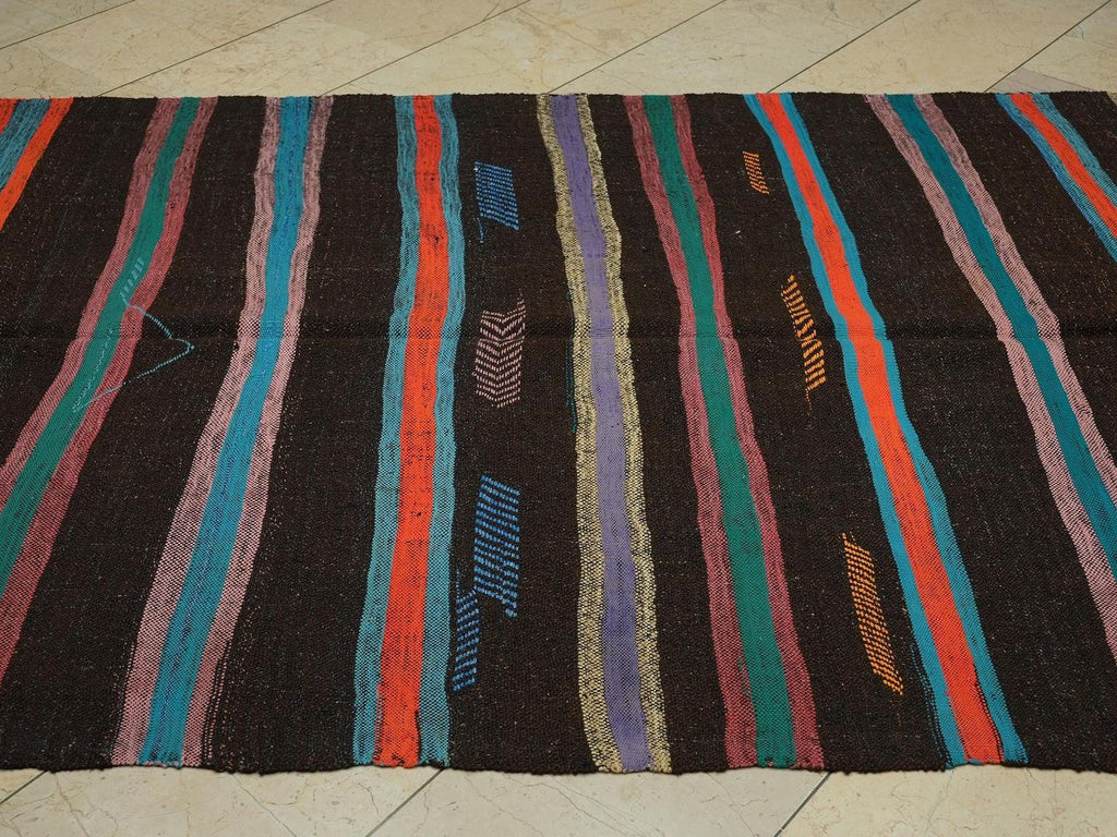 Mid Century Modern Brown Goat Hair Kilim Rug 5.2x13.9 Ft.