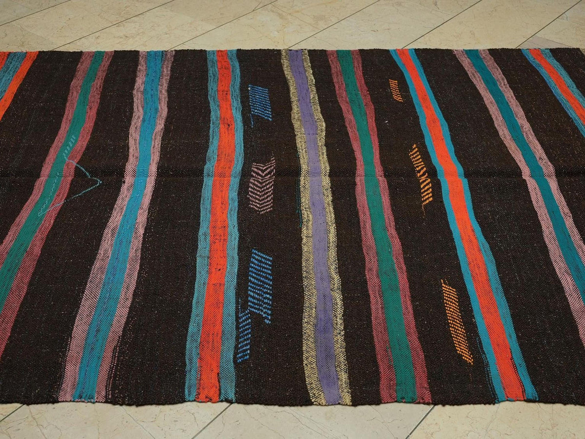 Mid Century Modern Brown Goat Hair Kilim Rug 5.2x13.9 Ft.