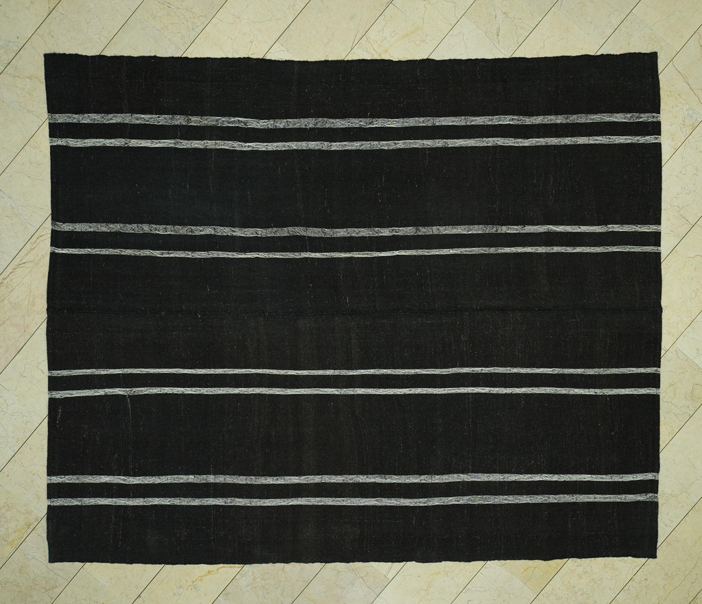 8x10 Dark Brown & White Striped Natural Goat Hair Kilim Rug:Flat Woven Turkish Rugs.