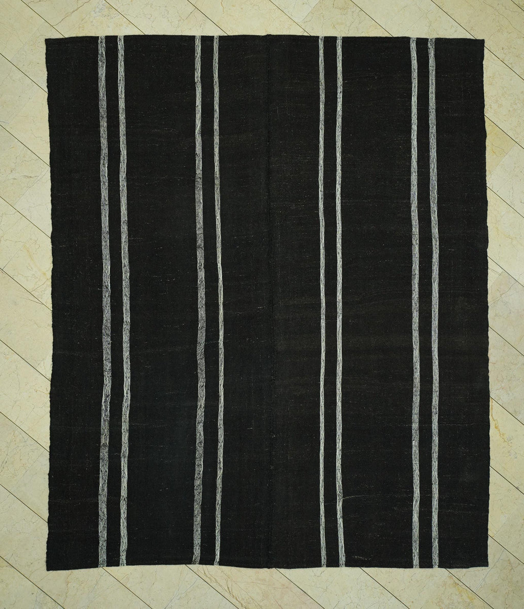 8x10 Dark Brown & White Striped Natural Goat Hair Kilim Rug:Flat Woven Turkish Rugs.
