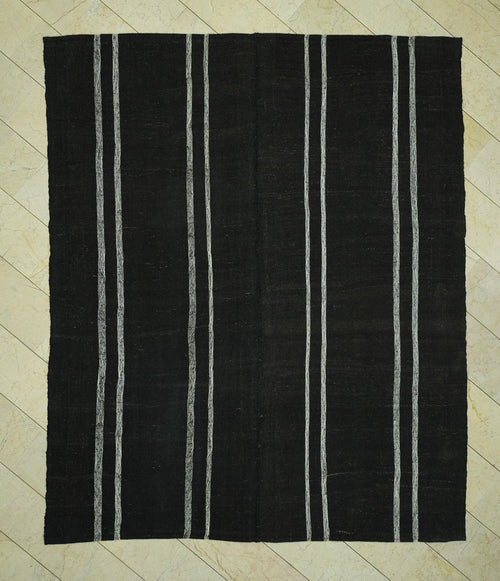 8x10 Dark Brown & White Striped Natural Goat Hair Kilim Rug:Flat Woven Turkish Rugs.