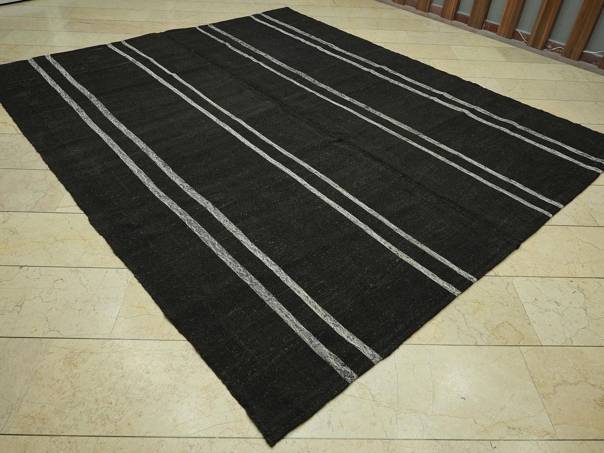 8x10 Dark Brown & White Striped Natural Goat Hair Kilim Rug:Flat Woven Turkish Rugs.
