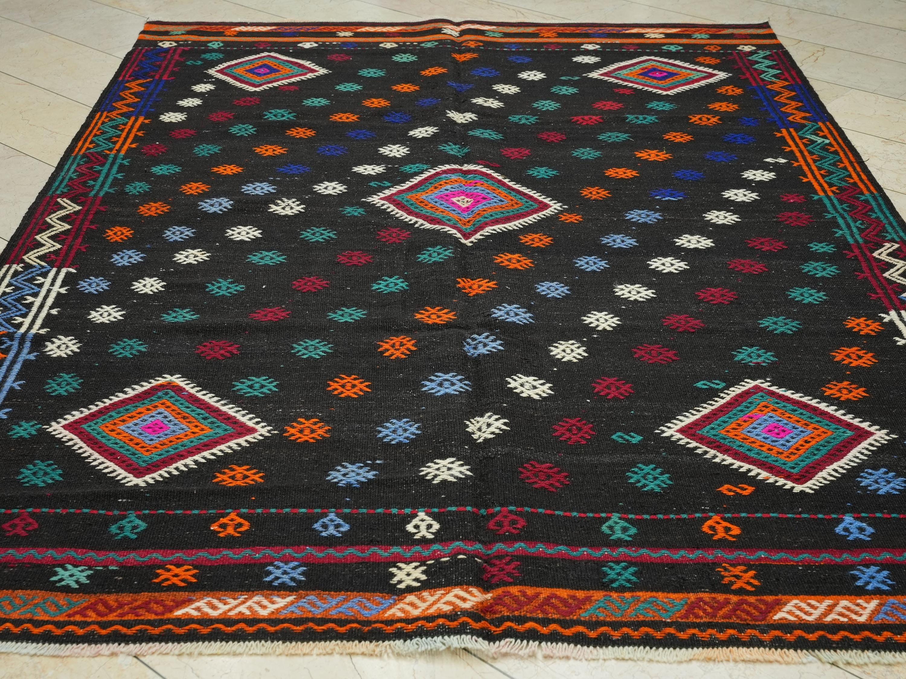 Large Goat Hair Kilim Rug: Turkish Flat Weave, Dark Brown Rugs, 6.6x9.2 Ft.