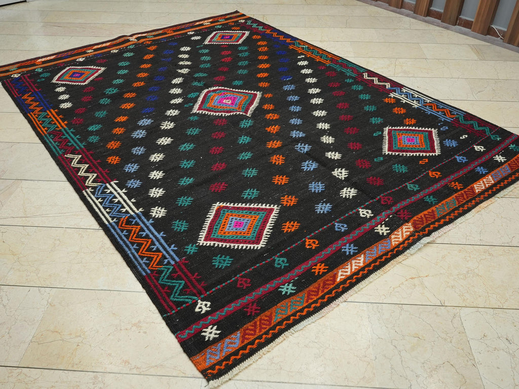 Large Goat Hair Kilim Rug: Turkish Flat Weave, Dark Brown Rugs, 6.6x9.2 Ft.