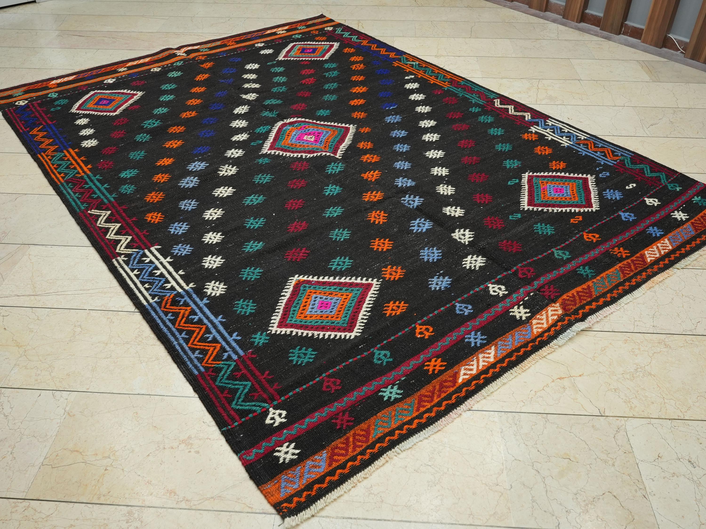 Large Goat Hair Kilim Rug: Turkish Flat Weave, Dark Brown Rugs, 6.6x9.2 Ft.