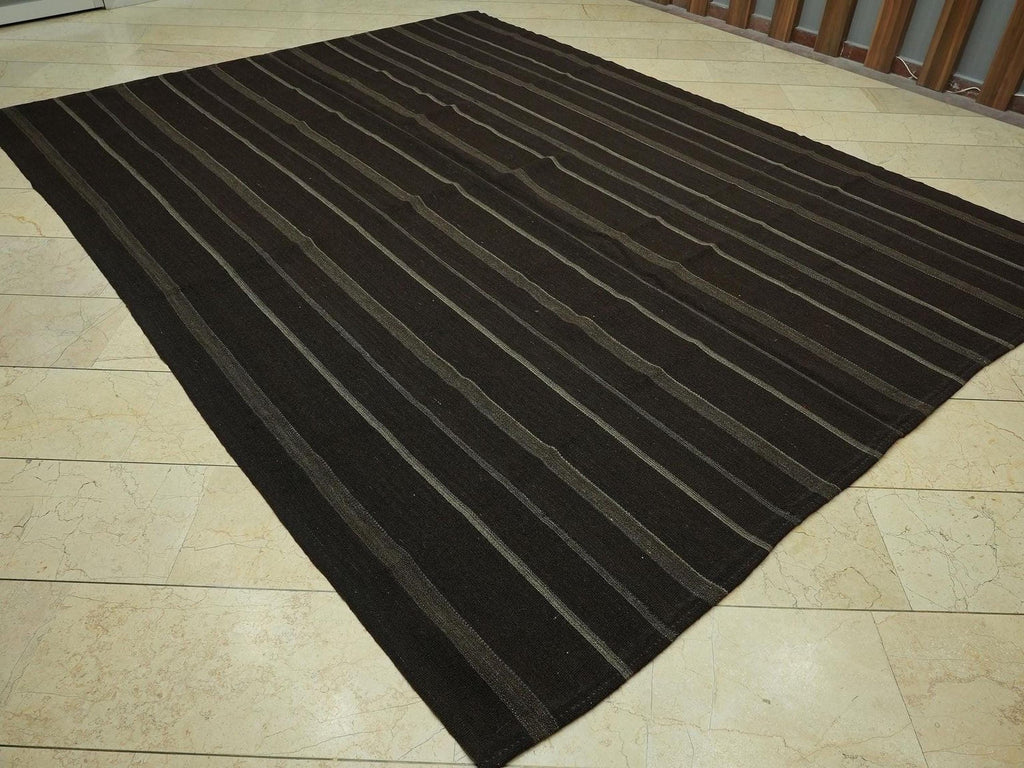 Oversize Dark Brown & Gray Striped Kilim Rug: 8.2"x10.7" Feet,Turkish Goat Hair Rugs.