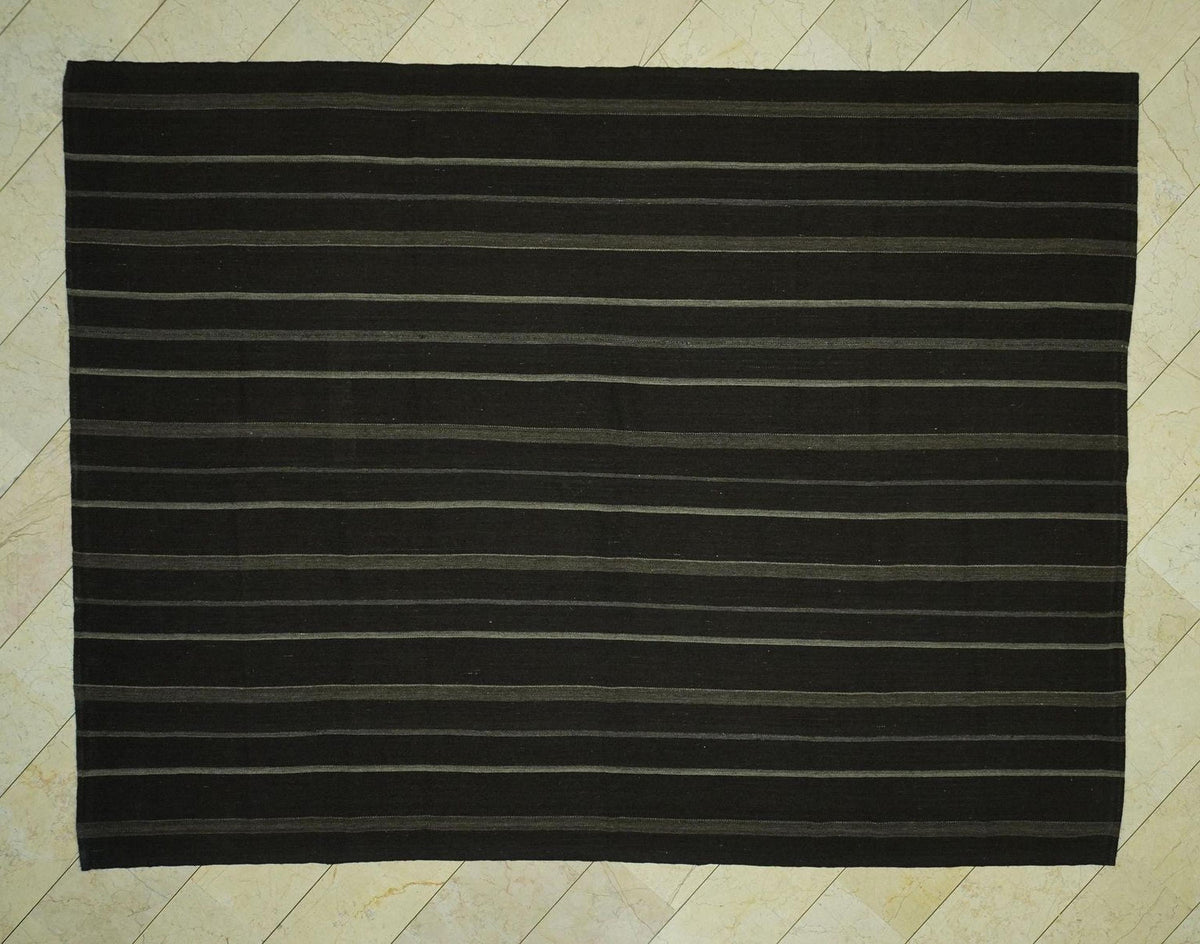 Oversize Dark Brown & Gray Striped Kilim Rug: 8.2"x10.7" Feet,Turkish Goat Hair Rugs.