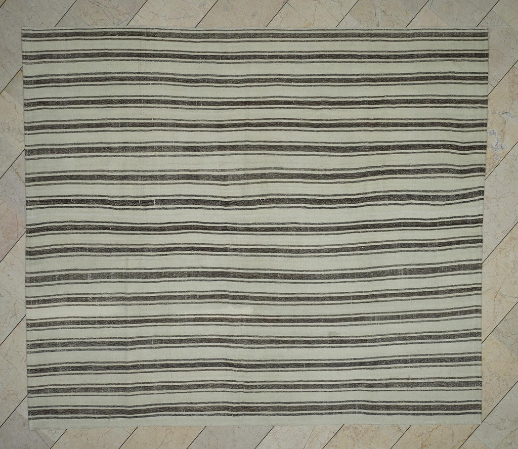 Brown Striped Beige - Natural Wool Turkish Rug,7,5x8,7 Ft,Bohemian Style Home Living Kilim.
