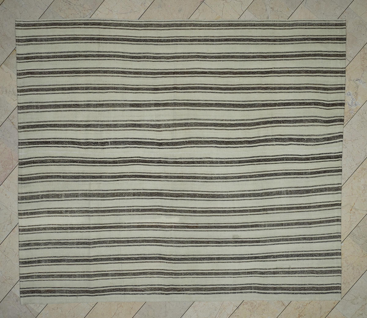Brown Striped Beige - Natural Wool Turkish Rug,7,5x8,7 Ft,Bohemian Style Home Living Kilim.