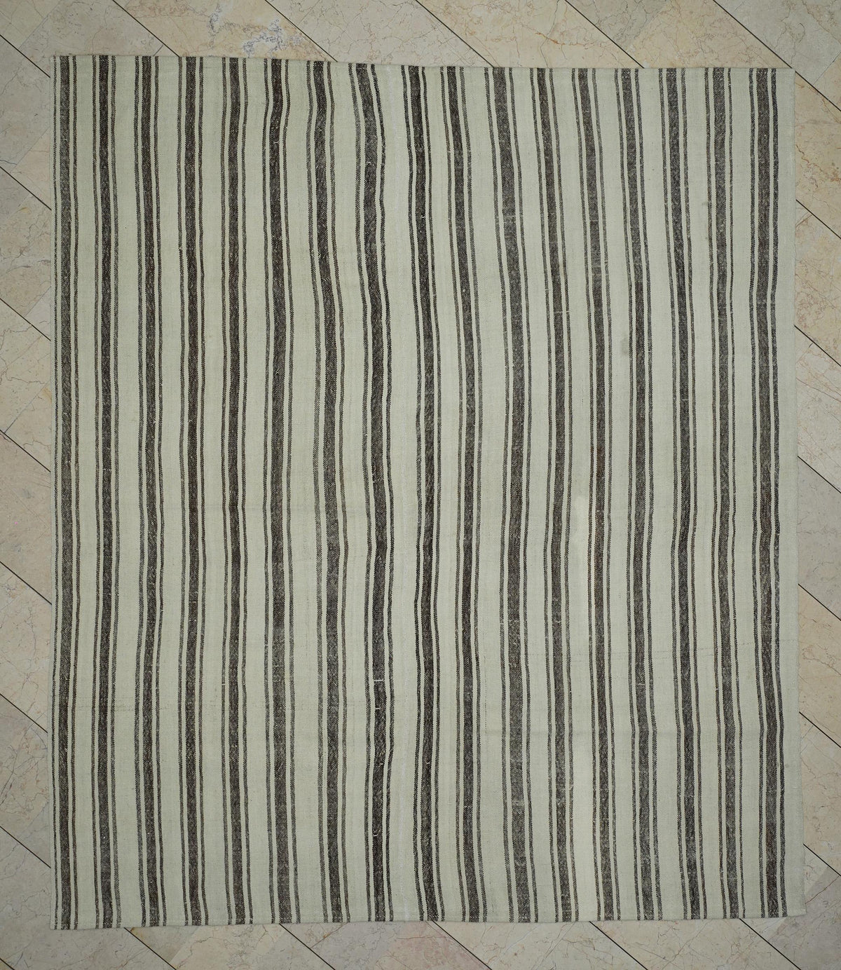Brown Striped Beige - Natural Wool Turkish Rug,7,5x8,7 Ft,Bohemian Style Home Living Kilim.
