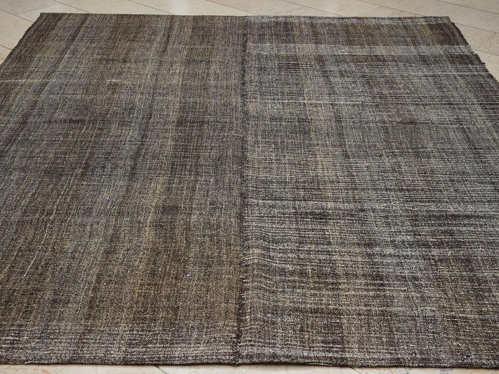 Unique Broken Stripe Rug - Natural Goat Hair Cotton Flat-Weave Kilim,7,4x8,4 Ft Turkish Rugs.