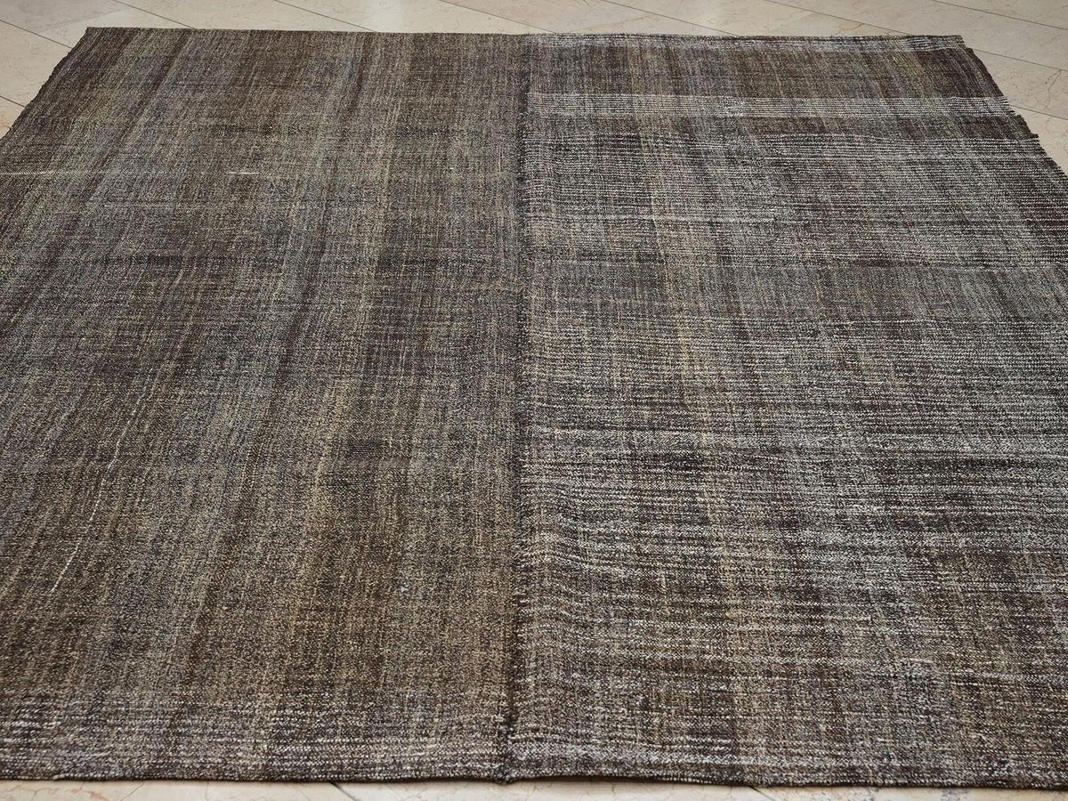 Unique Broken Stripe Rug - Natural Goat Hair Cotton Flat-Weave Kilim,7,4x8,4 Ft Turkish Rugs.
