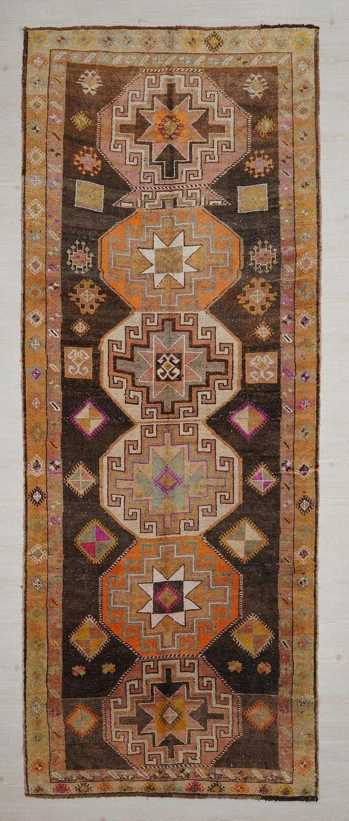 Antique Kars Wool Rug Runner: Tribal Geometric Design, 4.8x12.3 ft
