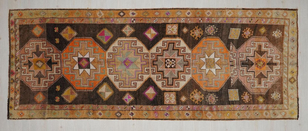 Antique Kars Wool Rug Runner: Tribal Geometric Design, 4.8x12.3 ft