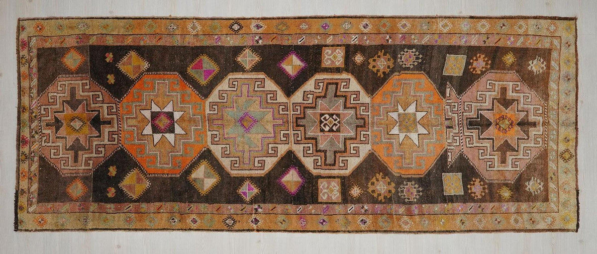 Antique Kars Wool Rug Runner: Tribal Geometric Design, 4.8x12.3 ft