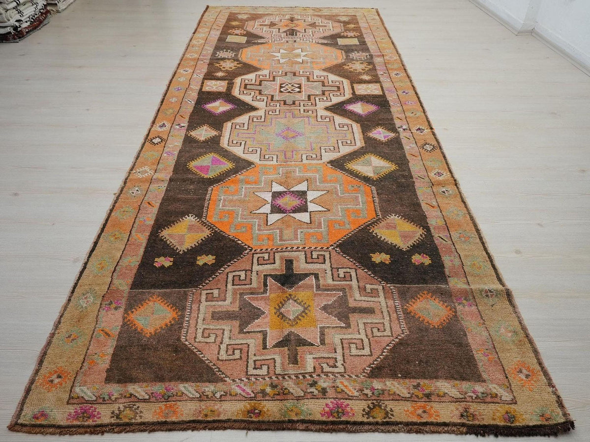 Antique Kars Wool Rug Runner: Tribal Geometric Design, 4.8x12.3 ft