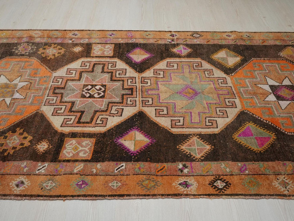 Antique Kars Wool Rug Runner: Tribal Geometric Design, 4.8x12.3 ft