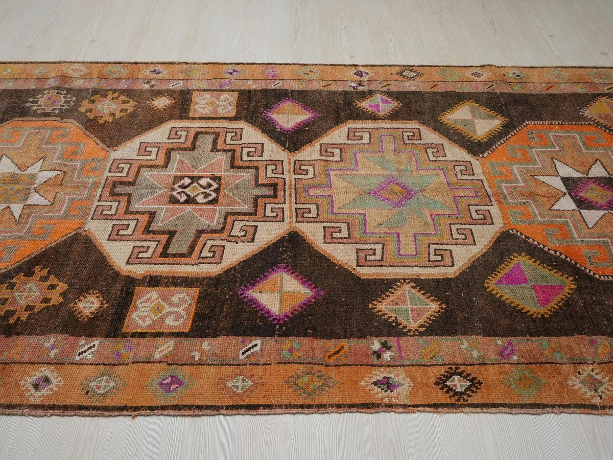 Antique Kars Wool Rug Runner: Tribal Geometric Design, 4.8x12.3 ft