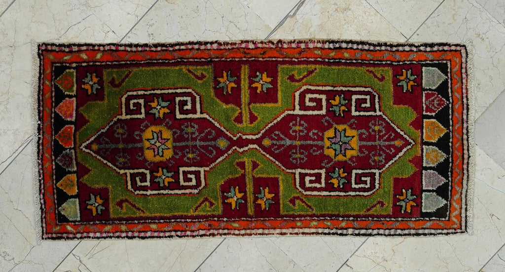 1940s Antique Small Turkish Carpet Rug: 2x4 Feet,Wall Hanging Decor Mini Size Rugs.