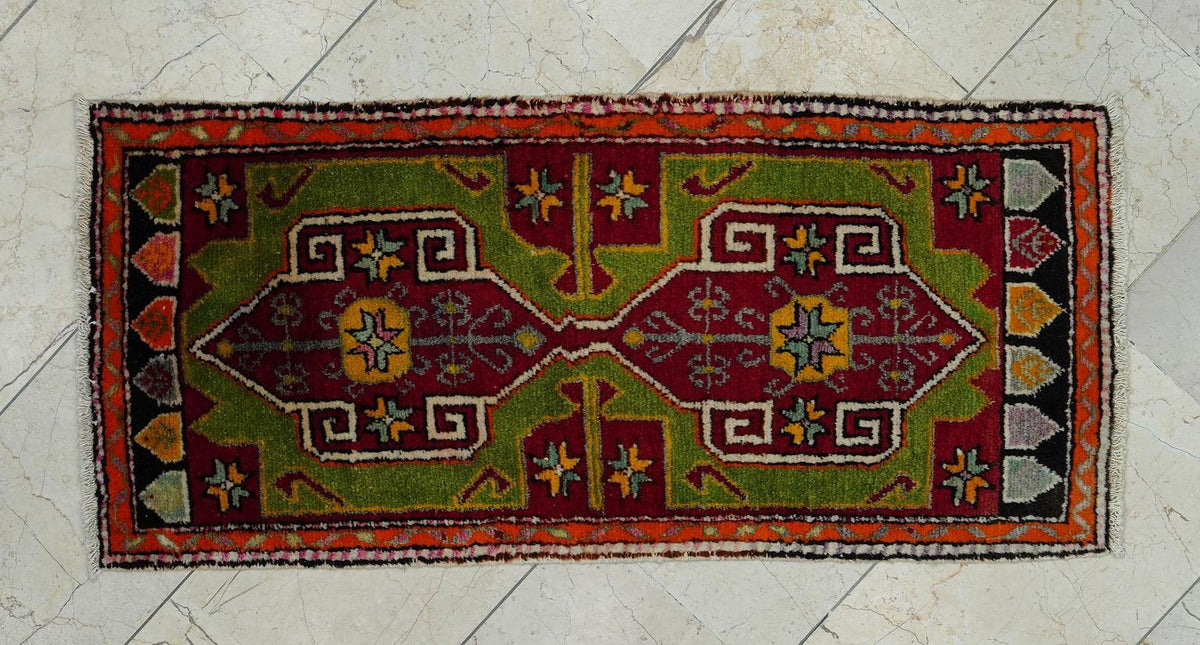 1940s Antique Small Turkish Carpet Rug: 2x4 Feet,Wall Hanging Decor Mini Size Rugs.