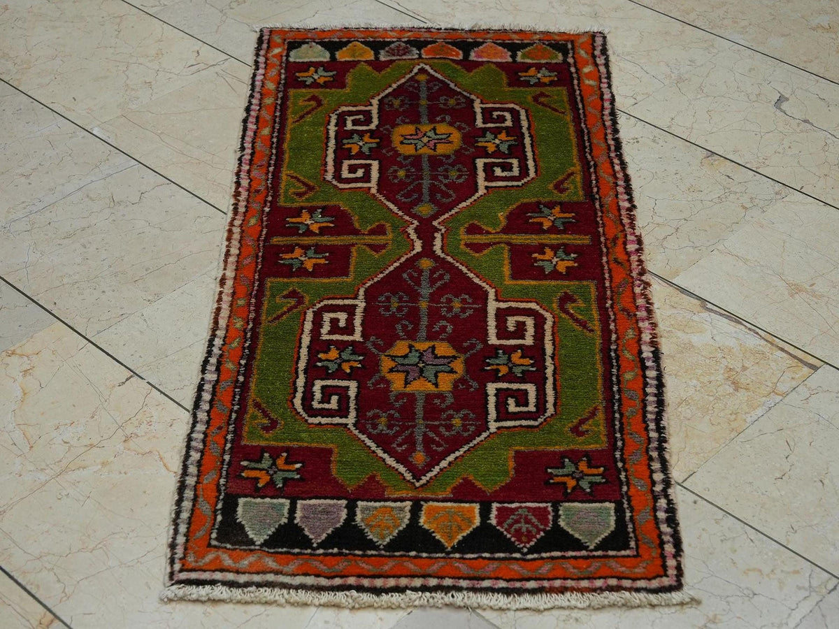 1940s Antique Small Turkish Carpet Rug: 2x4 Feet,Wall Hanging Decor Mini Size Rugs.