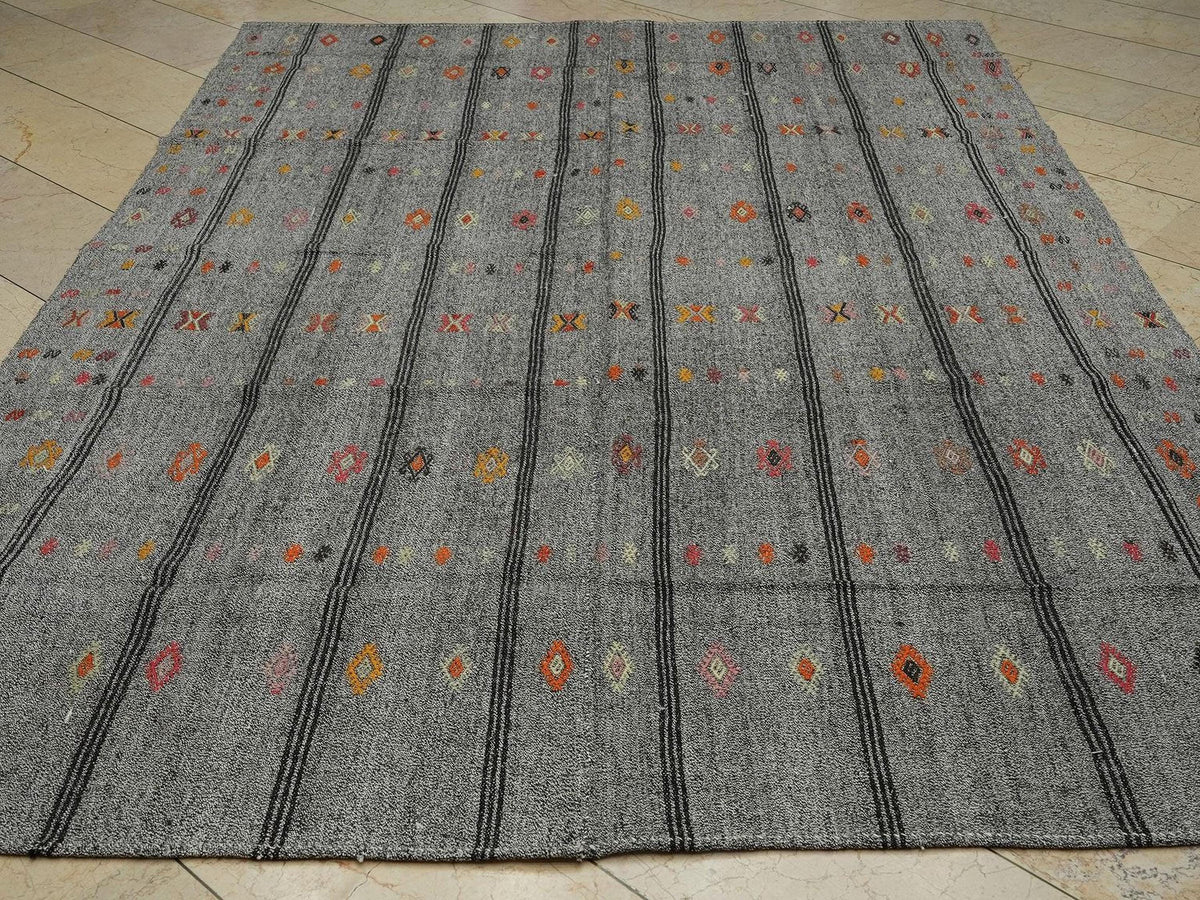7x10 Summer Outdoor Decor: Black Stripe Gray Kilim Rug,Vintage Turkish Woven Rugs.