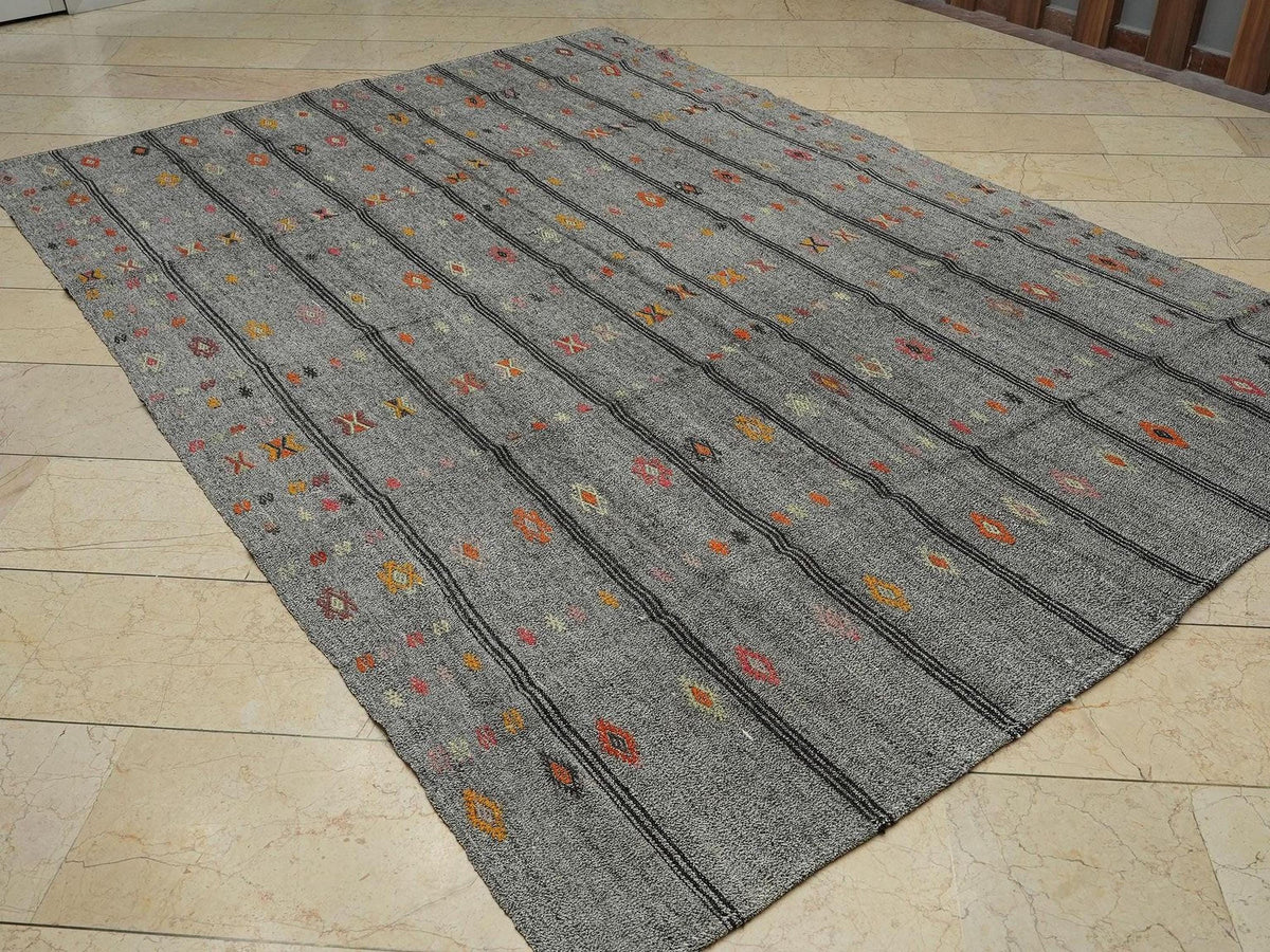 7x10 Summer Outdoor Decor: Black Stripe Gray Kilim Rug,Vintage Turkish Woven Rugs.