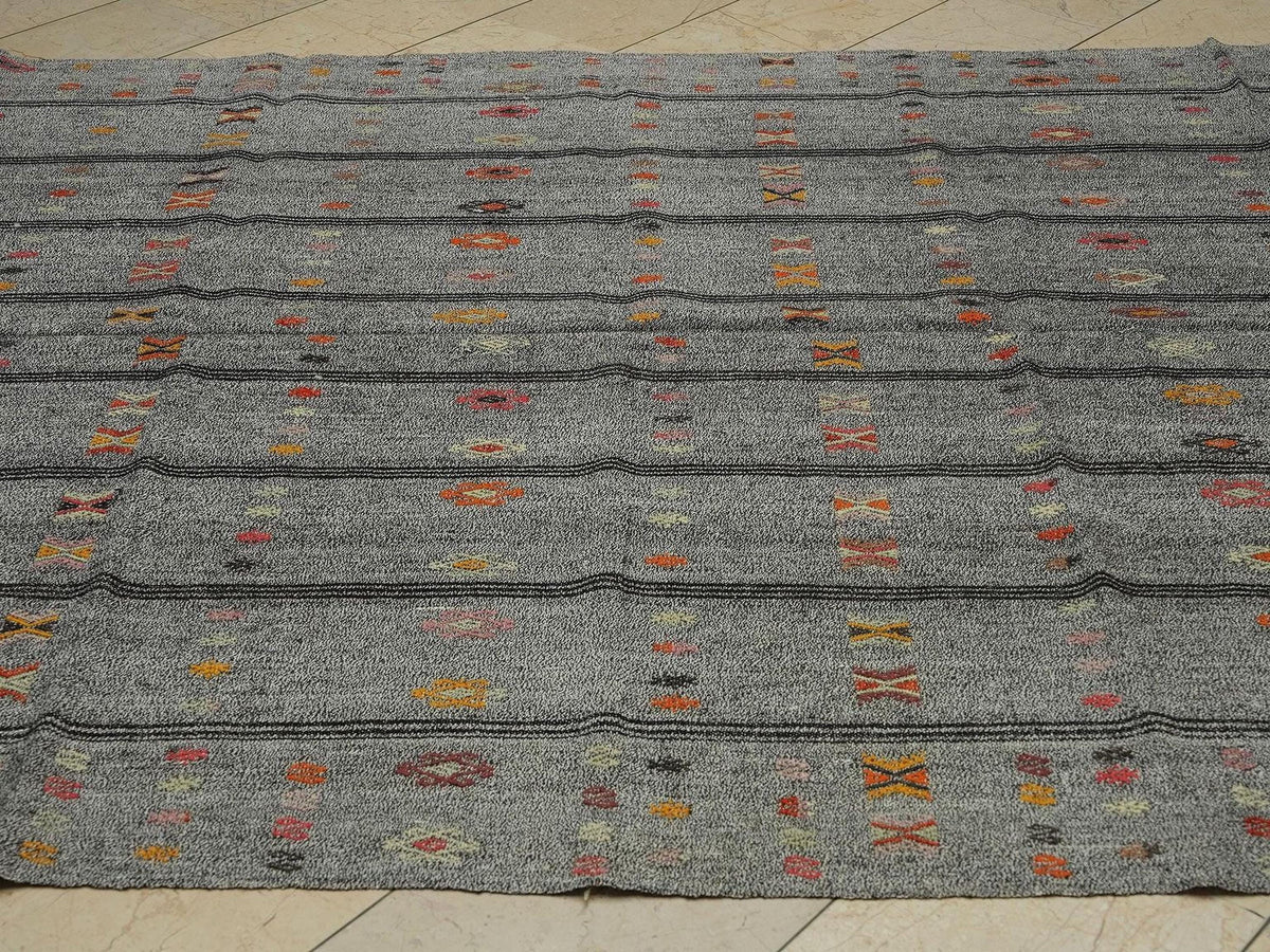 7x10 Summer Outdoor Decor: Black Stripe Gray Kilim Rug,Vintage Turkish Woven Rugs.