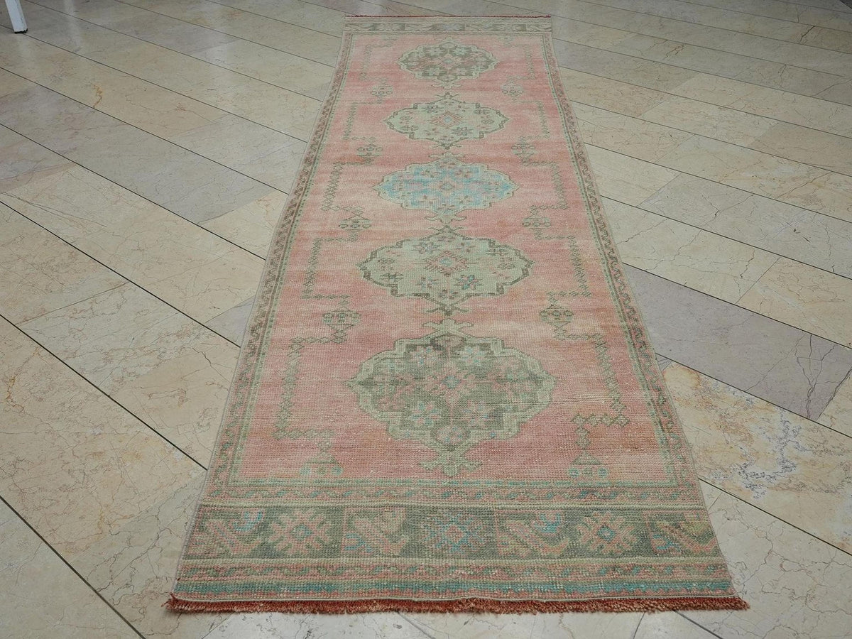Long Oushak Rug Runner: 3.1"x11.1" Vintage Home Decor Turkish Wool Carpet Rugs.