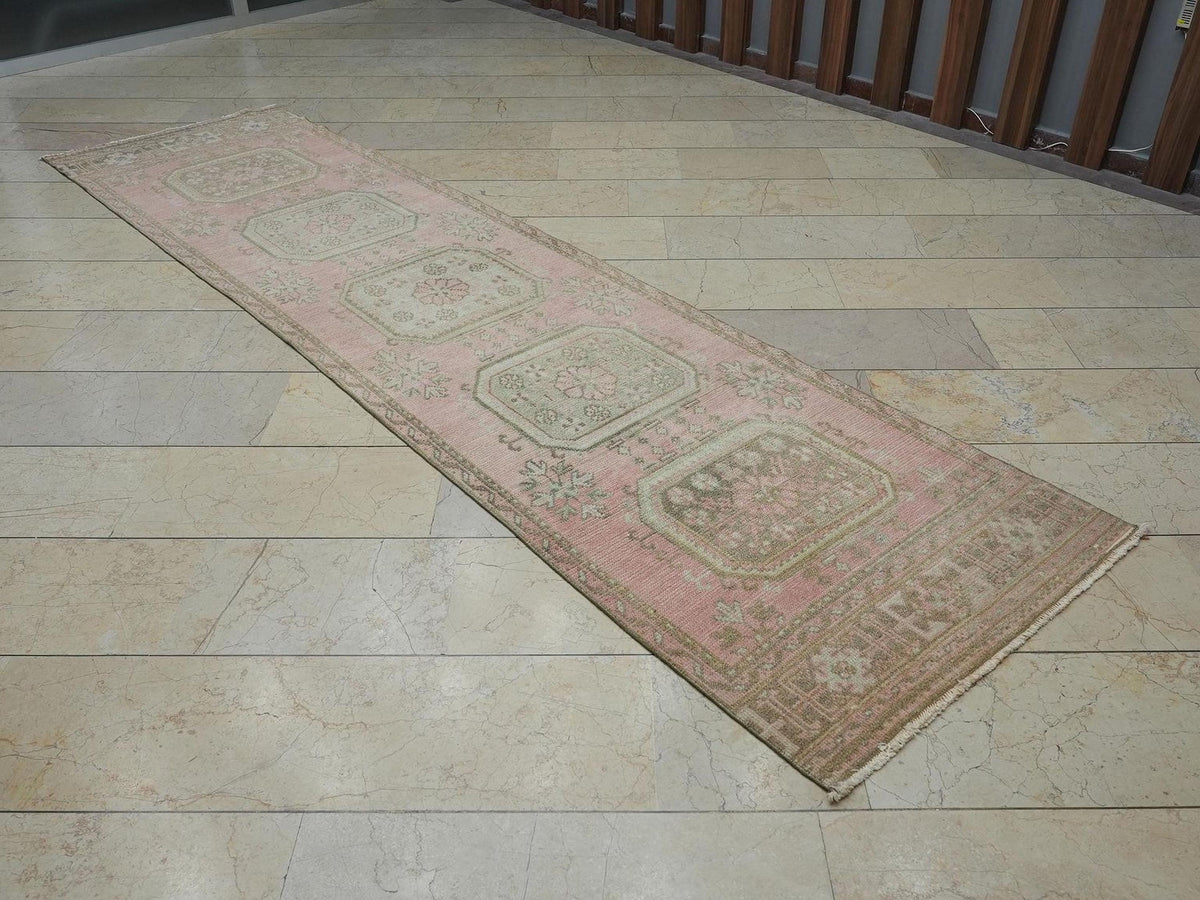 Salmon Pink Vintage Oushak Rug Runner: Long Turkish Mid-Century Decor Wool Rugs 2.9x11.5 Ft.