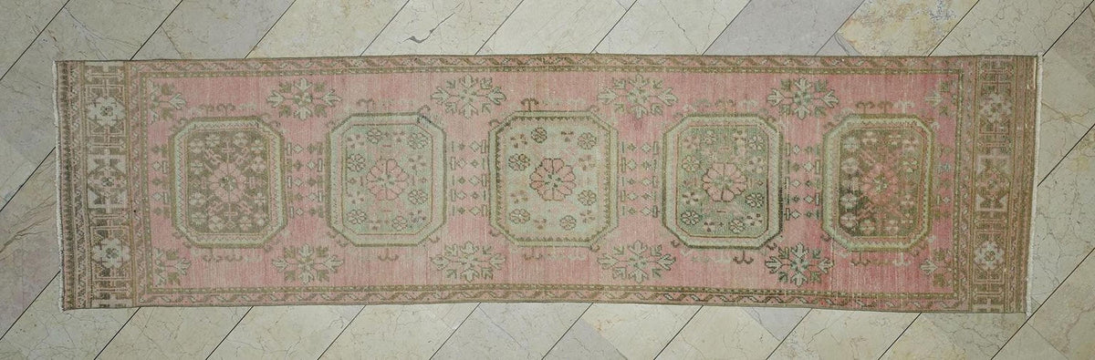 Salmon Pink Vintage Oushak Rug Runner: Long Turkish Mid-Century Decor Wool Rugs 2.9x11.5 Ft.