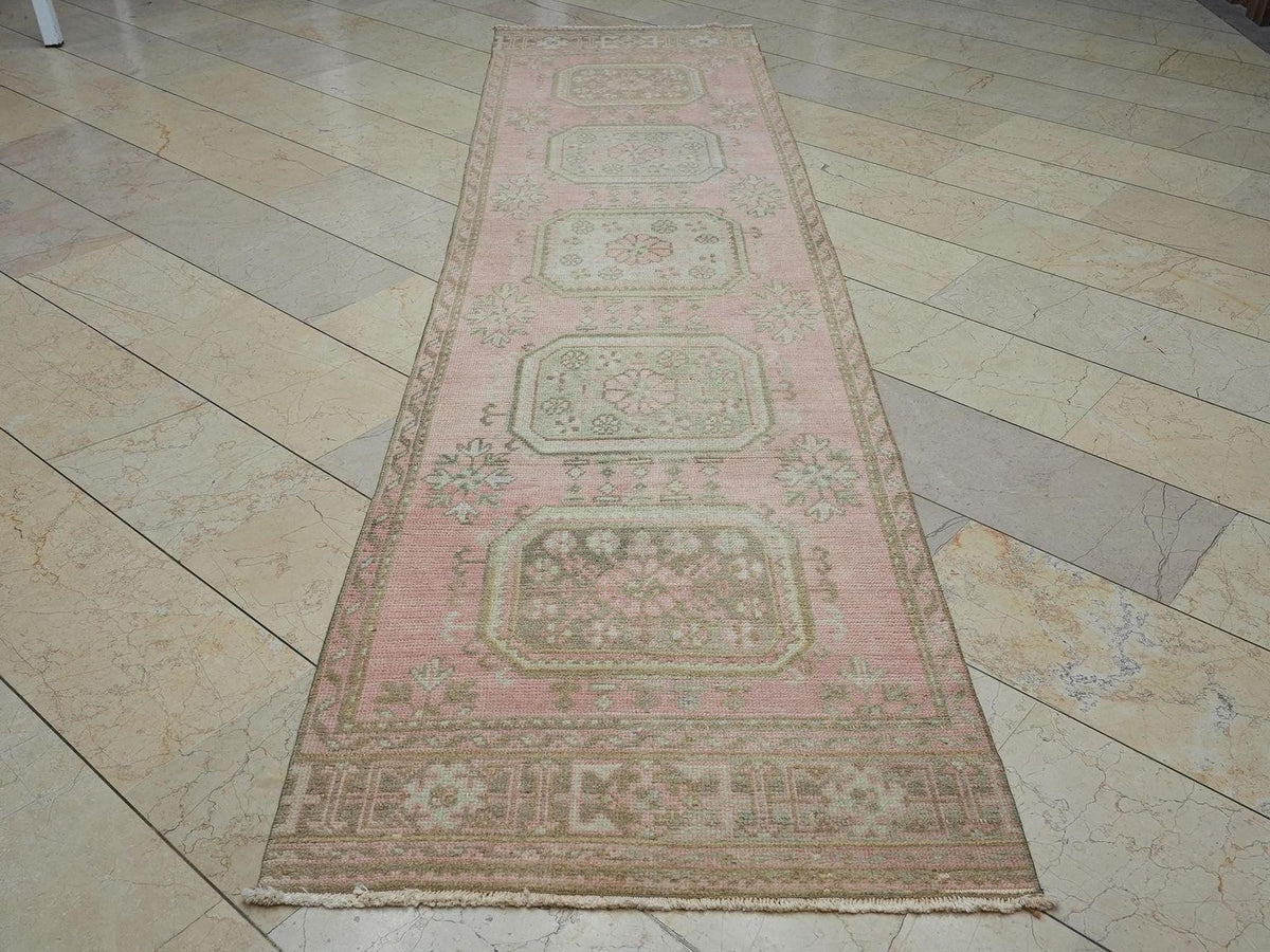 Salmon Pink Vintage Oushak Rug Runner: Long Turkish Mid-Century Decor Wool Rugs 2.9x11.5 Ft.