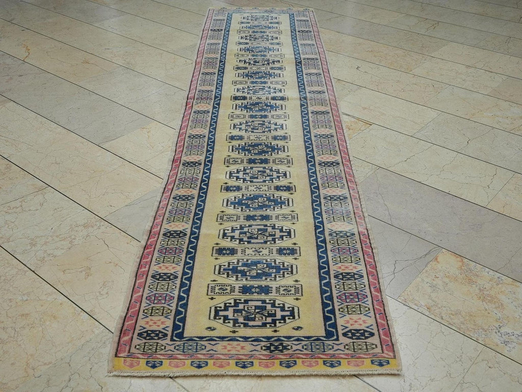 Yellow & Blue Wool Oushak Rug Runner: Mid-Century Modern, Ethnic Pattern (2,5"x10,1" Feet)