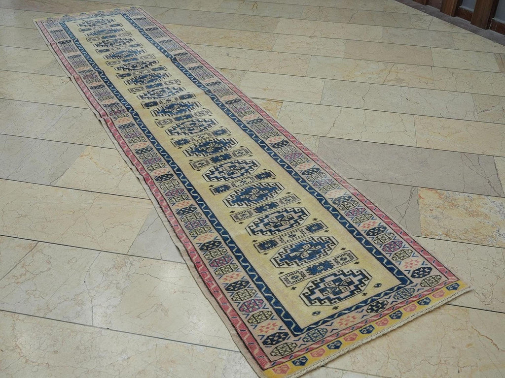 Yellow & Blue Wool Oushak Rug Runner: Mid-Century Modern, Ethnic Pattern (2,5"x10,1" Feet)