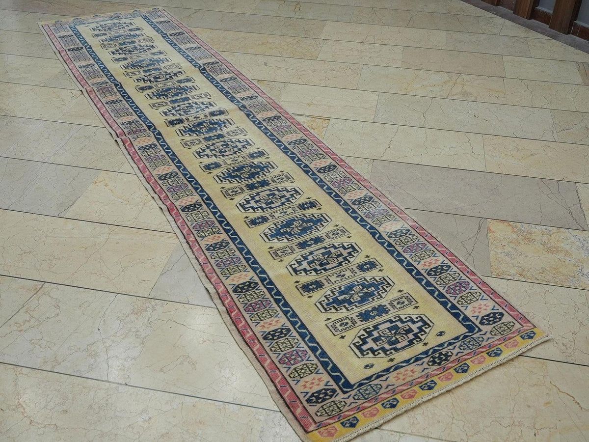 Yellow & Blue Wool Oushak Rug Runner: Mid-Century Modern, Ethnic Pattern (2,5"x10,1" Feet)