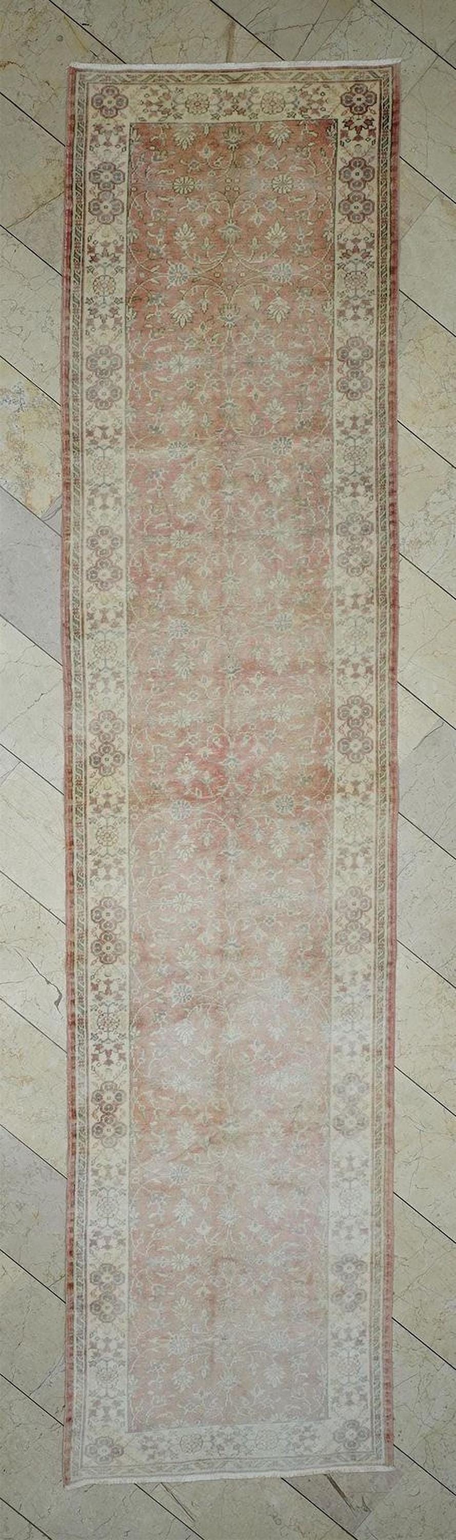 Extra Long Vintage Oushak Rug Runner: Stair Treads Decor Turkish Wool Rugs 3,4x14,4 Feet.