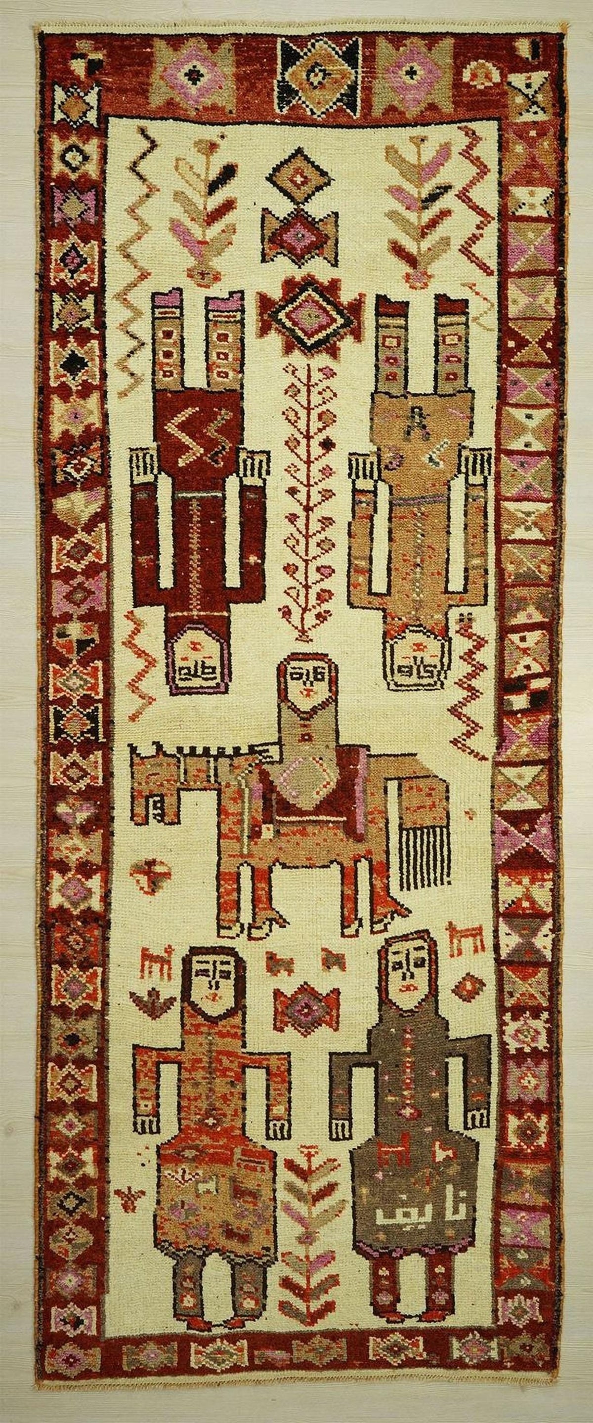Horse and Human Design Rug: Tribal Wool Carpet (3.9x10.3 ft)
