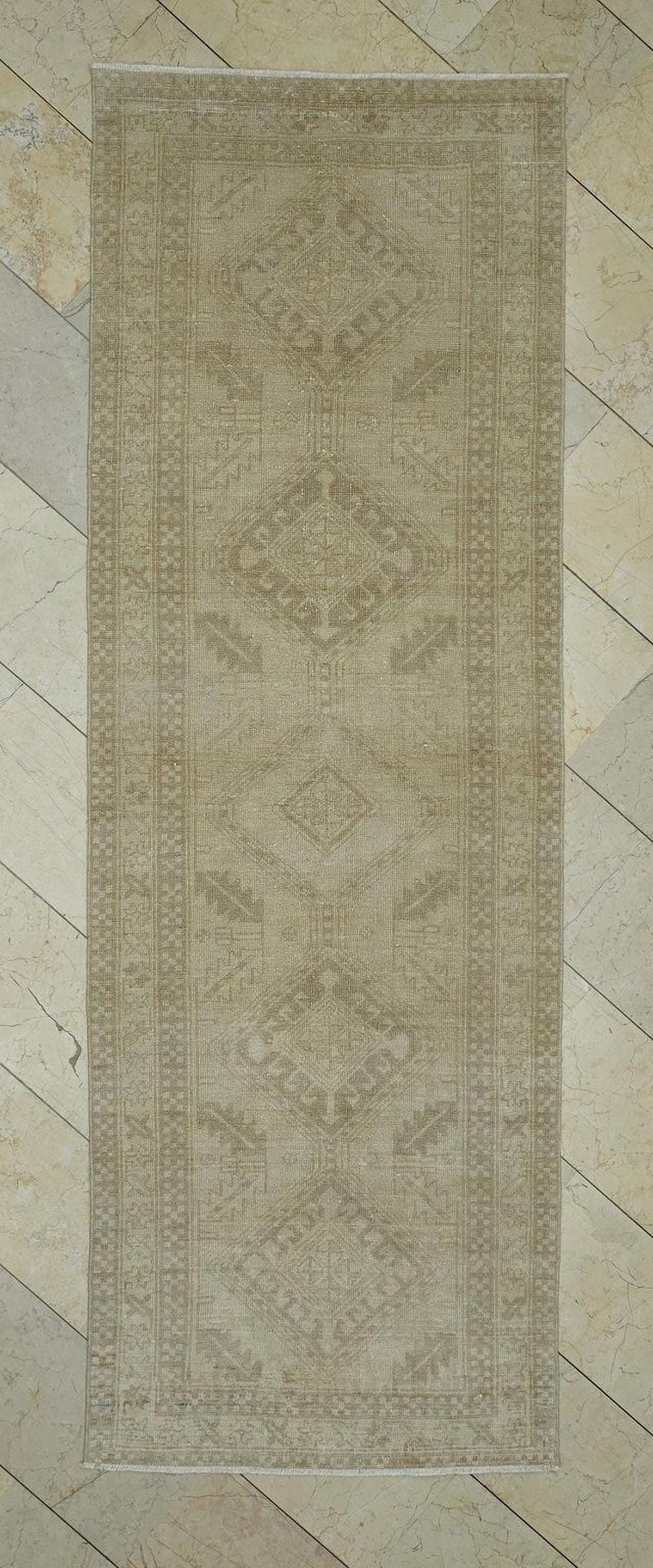 Vintage Beige & Brown Turkish Rug Runner,3.1x9.4 Ft,Home Kitchen Decor Rugs.