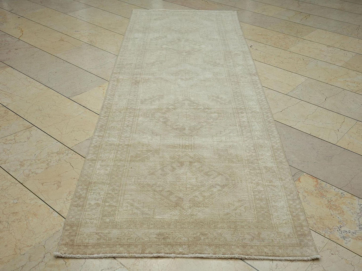 Vintage Beige & Brown Turkish Rug Runner,3.1x9.4 Ft,Home Kitchen Decor Rugs.